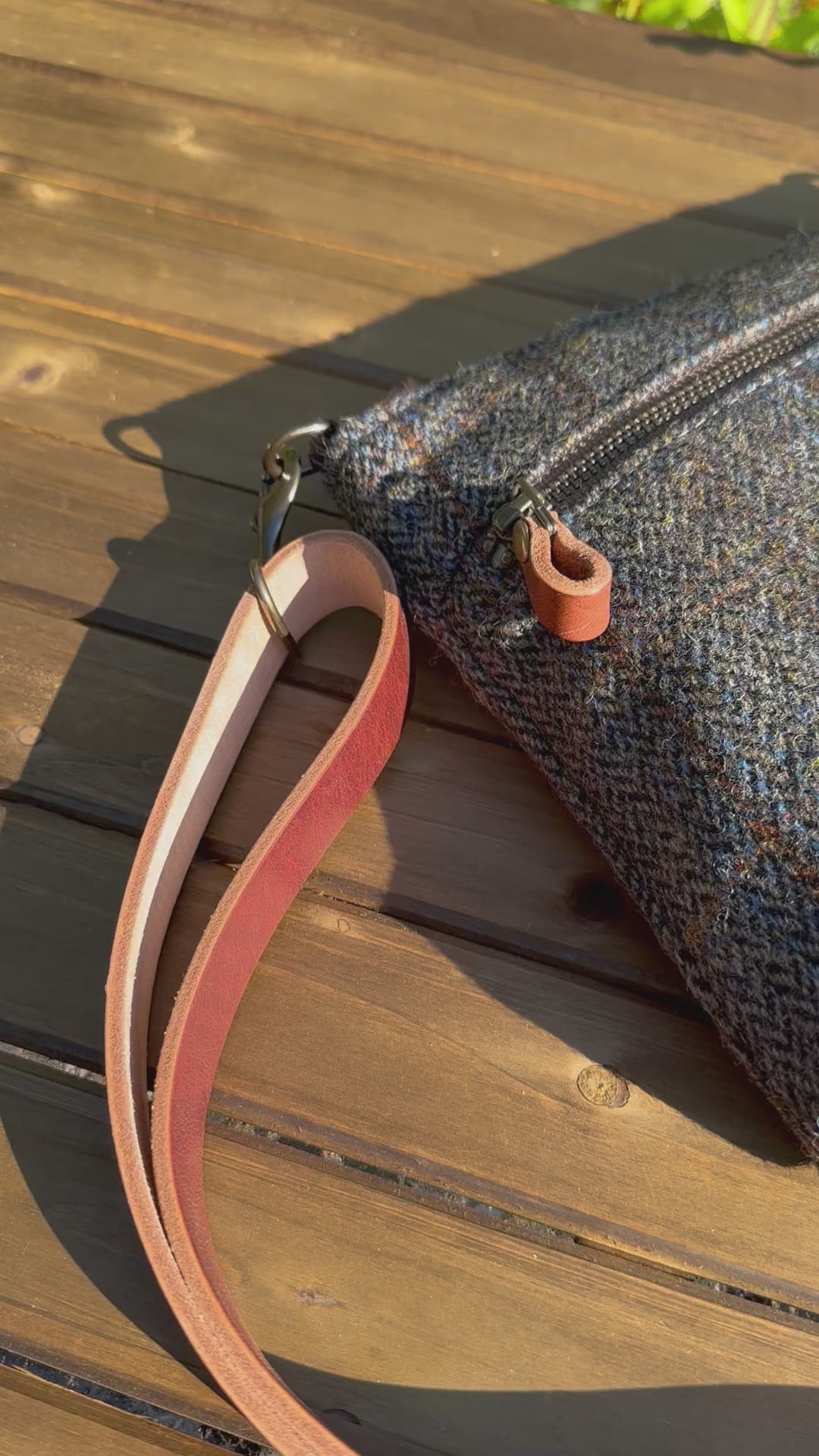 Harris Tweed® Fairhaven Crossbody Green and Blue Herringbone with Rust Overcheck Plaid Harris Tweed® with Dublin Olde English Leather and Antique Brass Hardware SquiresCanvasCreations.com
