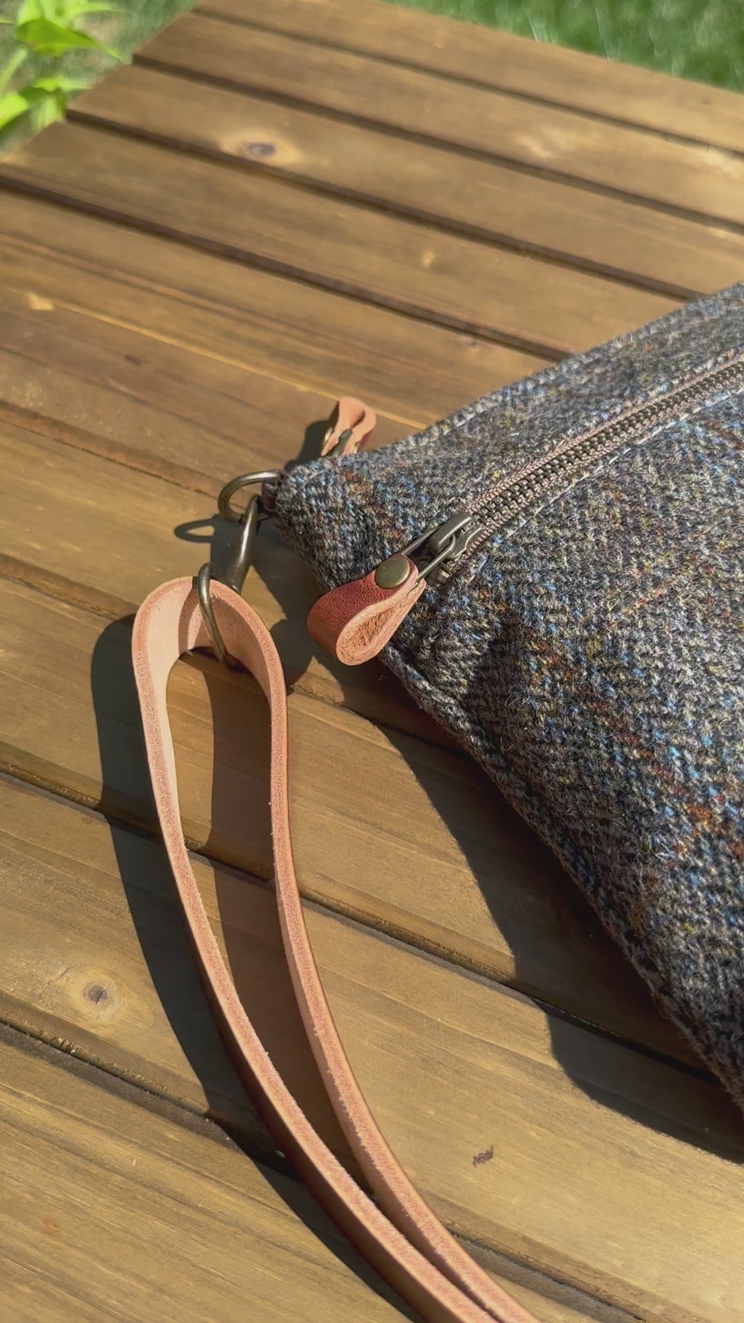 Harris Tweed® Fairhaven Crossbody Green and Blue Herringbone with Rust Overcheck Plaid Harris Tweed® with Dublin Olde English Leather and Antique Brass Hardware SquiresCanvasCreations.com