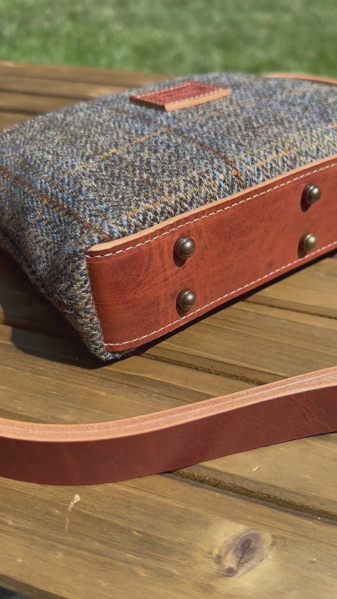 Harris Tweed® Fairhaven Crossbody Green and Blue Herringbone with Rust Overcheck Plaid Harris Tweed® with Dublin Olde English Leather and Antique Brass Hardware SquiresCanvasCreations.com