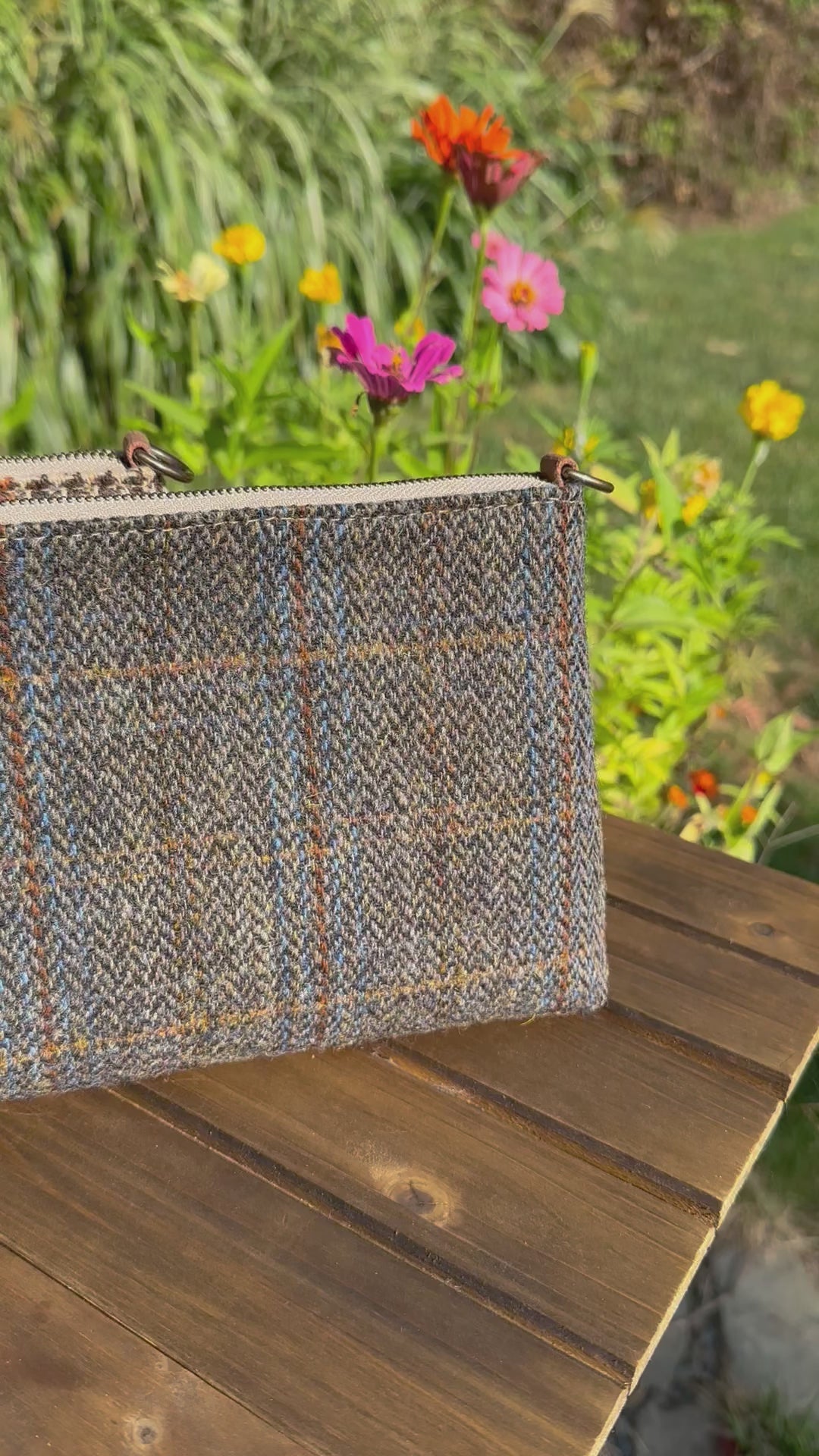 Harris Tweed® Shelly Pouch Green Mix Herringbone with Blue & Gold Overcheck Harris Tweed® SquiresCanvasCreations.com