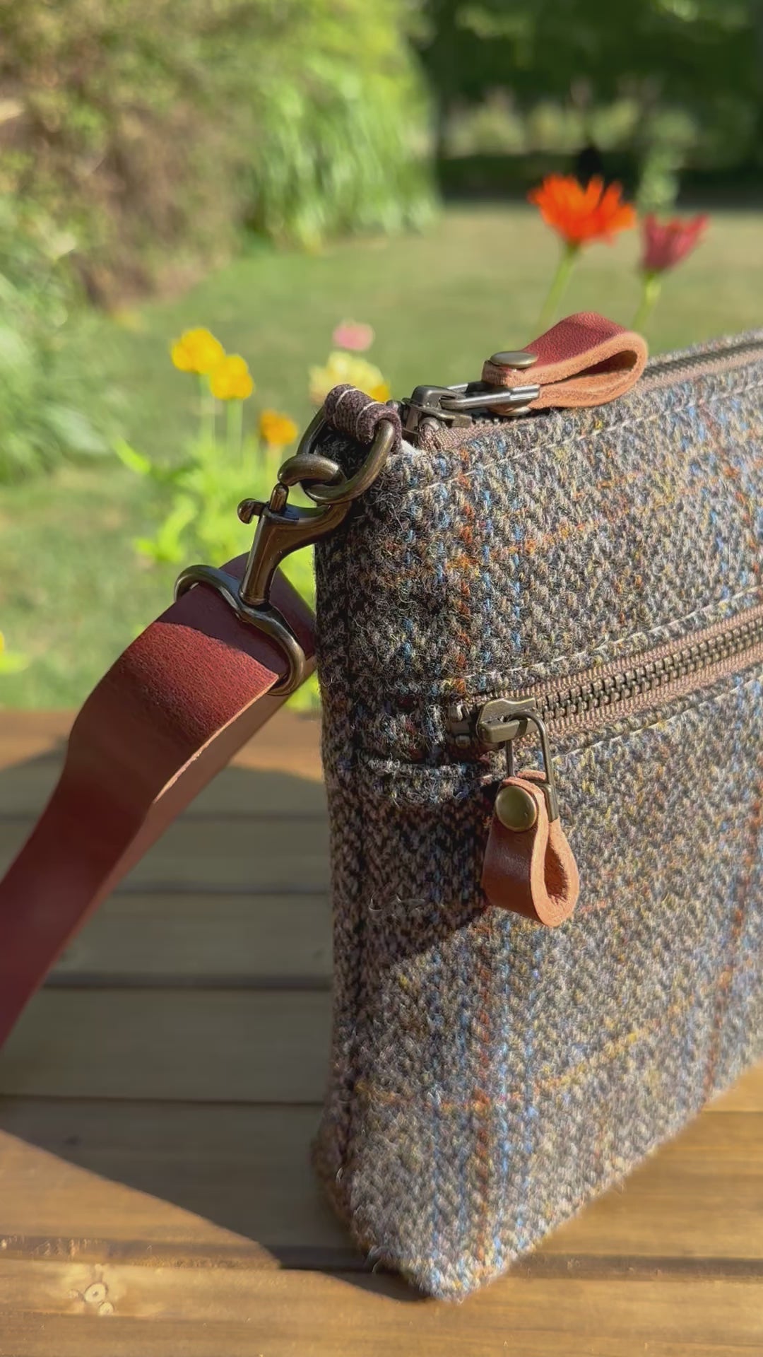 Harris Tweed® Fairhaven Crossbody Green and Blue Herringbone with Rust Overcheck Plaid Harris Tweed® with Dublin Olde English Leather and Antique Brass Hardware SquiresCanvasCreations.com