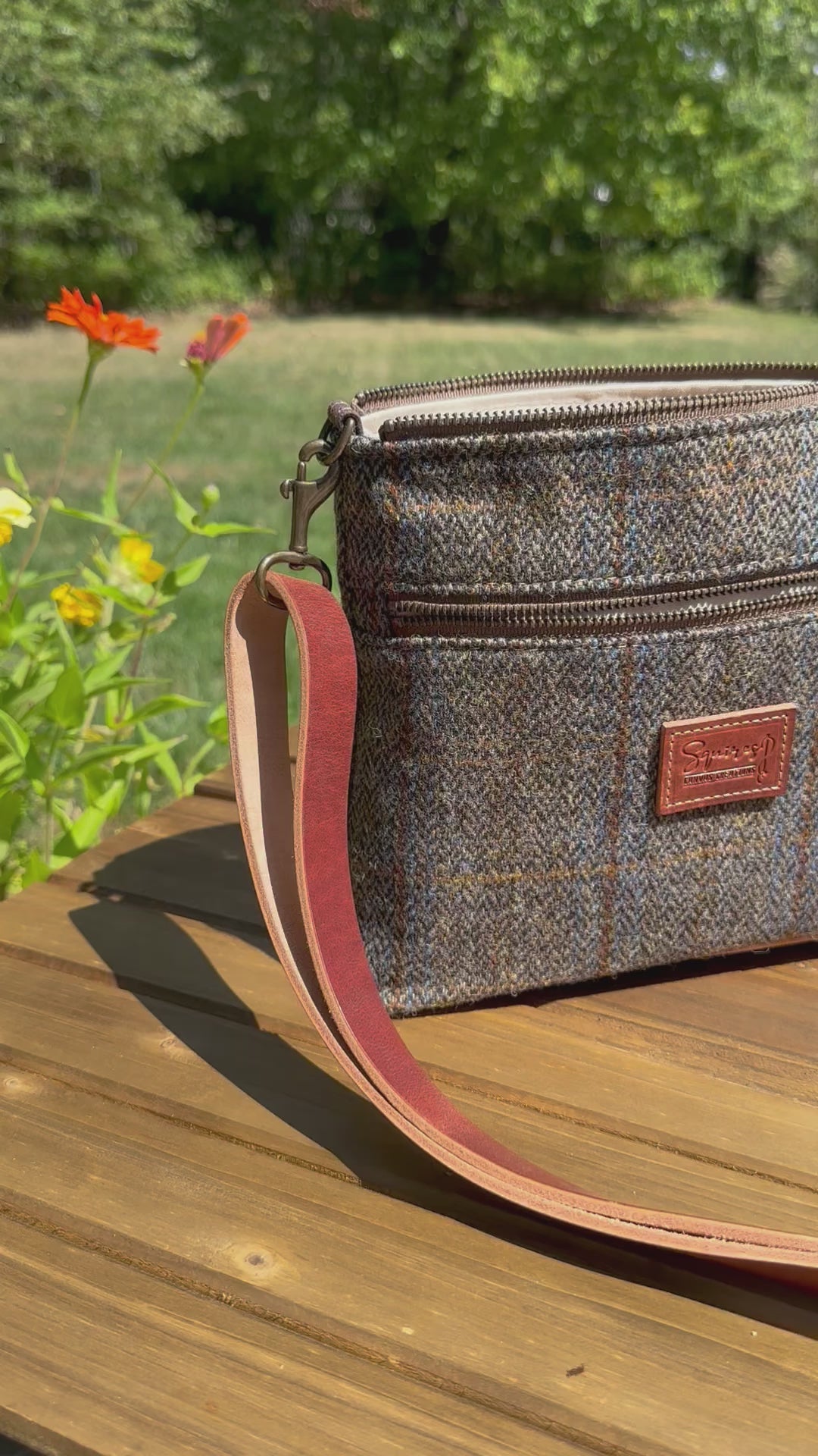 Harris Tweed® Fairhaven Crossbody Green and Blue Herringbone with Rust Overcheck Plaid Harris Tweed® with Dublin Olde English Leather and Antique Brass Hardware SquiresCanvasCreations.com