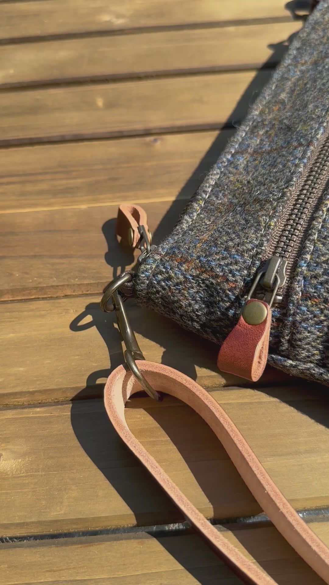 Harris Tweed® Fairhaven Crossbody Green and Blue Herringbone with Rust Overcheck Plaid Harris Tweed® with Dublin Olde English Leather and Antique Brass Hardware SquiresCanvasCreations.com