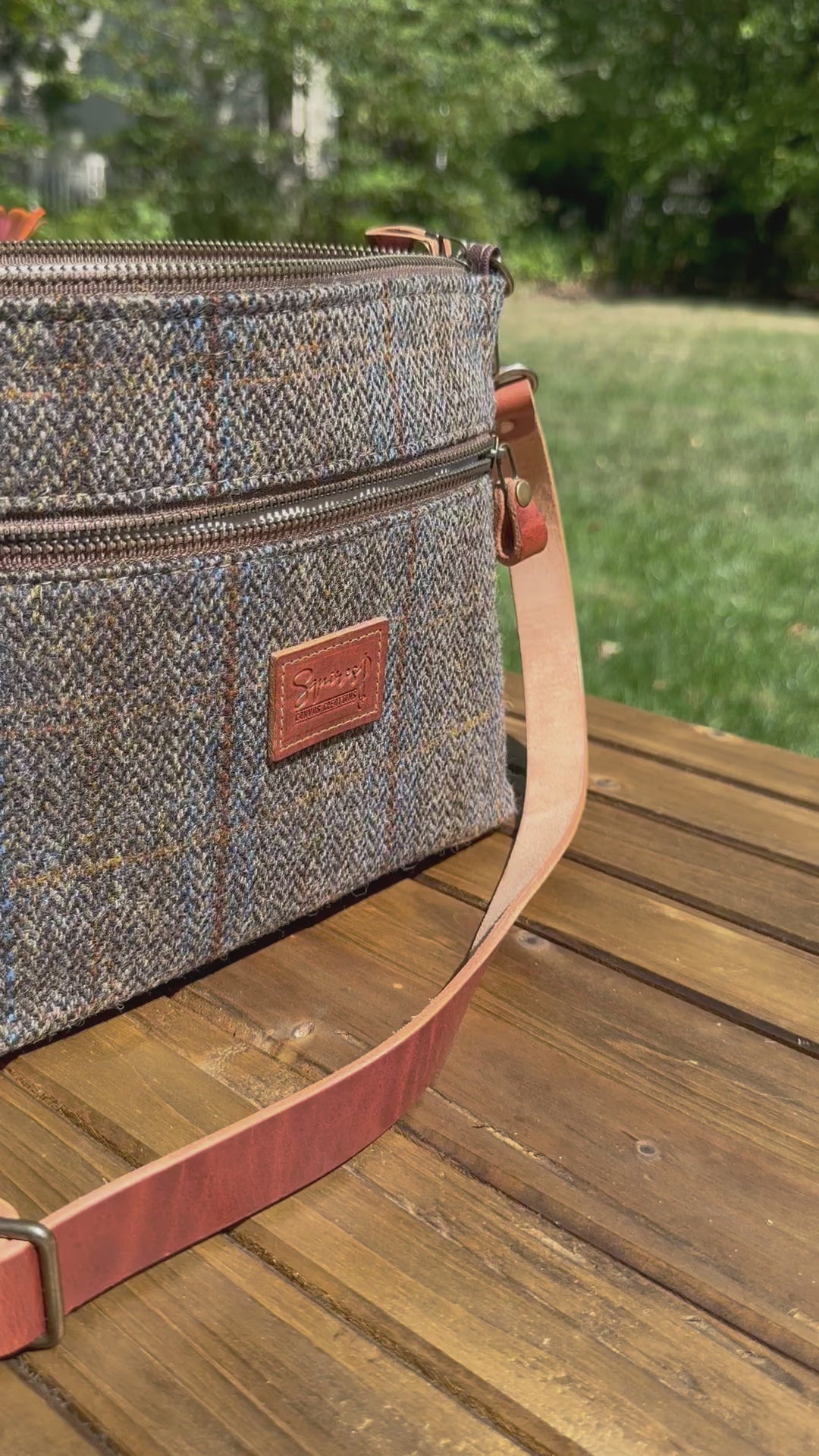 Harris Tweed® Fairhaven Crossbody Green and Blue Herringbone with Rust Overcheck Plaid Harris Tweed® with Dublin Olde English Leather and Antique Brass Hardware SquiresCanvasCreations.com