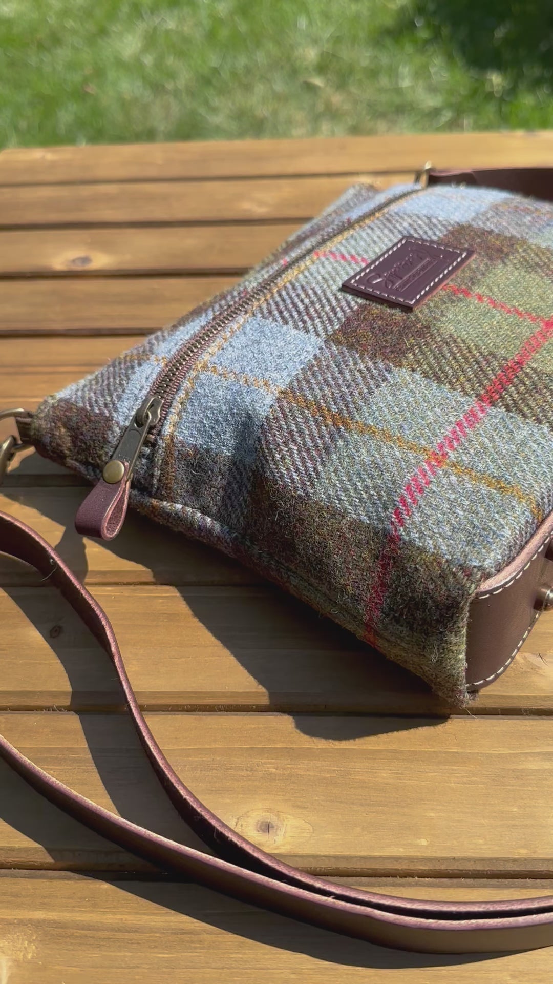 Harris Tweed® Fairhaven Crossbody Macleod Tartan Harris Tweed®  Dark Brown Leather with Antique Brass Hardware SquiresCanvasCreations.com