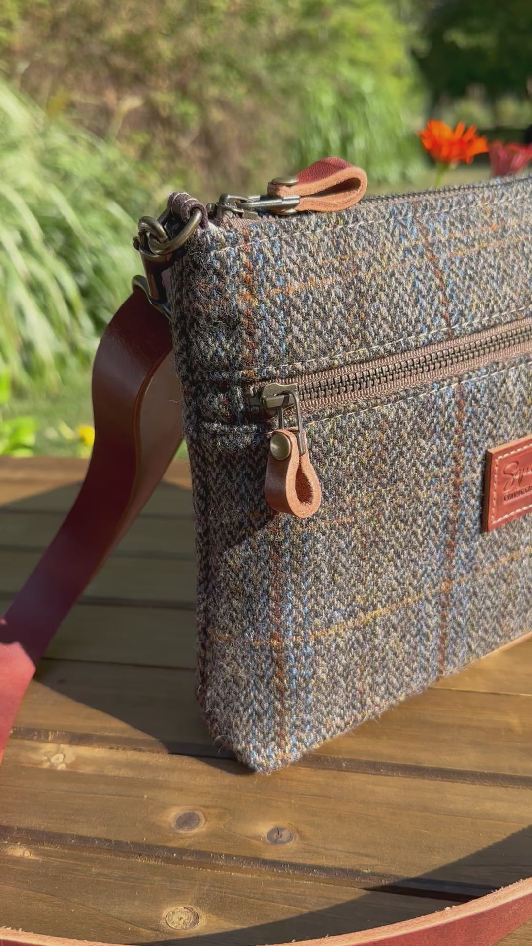 Harris Tweed® Fairhaven Crossbody Green and Blue Herringbone with Rust Overcheck Plaid Harris Tweed® with Dublin Olde English Leather and Antique Brass Hardware SquiresCanvasCreations.com