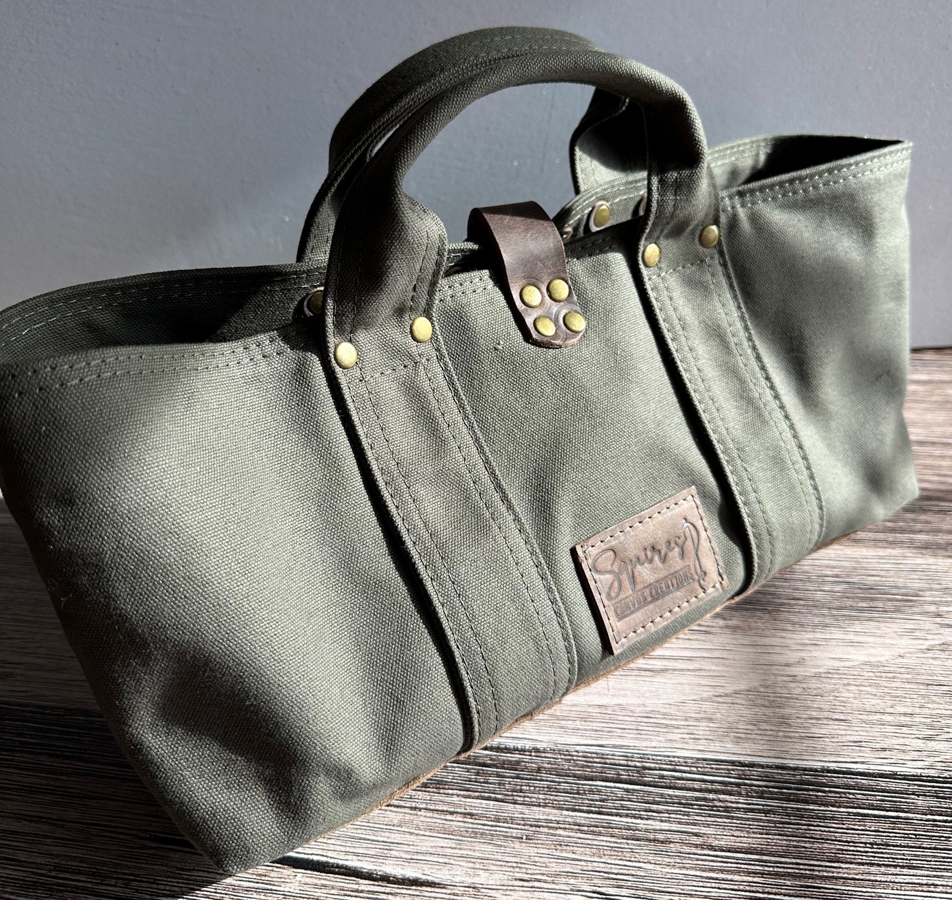 Olive Drab Heavy Duty 15oz Canvas Antique Brass Rivets Waterman Tote SquiresCanvasCreations