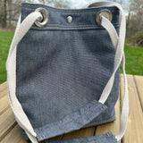 Midnight Army Duck Canvas with Nickel Hardware and Natural Webbing Strap and Natural Canvas interior Spa Creek Bucket Convertible Bag squirescanvascreations.com