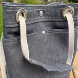 Midnight Army Duck Canvas with Nickel Hardware and Natural Webbing Strap and Natural Canvas interior Spa Creek Bucket Convertible Bag squirescanvascreations.com