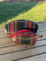 The Seashell Pouch in Stewart Plaid  Harris Tweed® has a curved top and flat base that stands up on its own, lined with natural heavy canvas. Large and Small