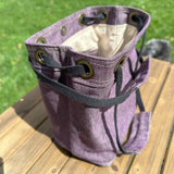 Plum Army Duck Canvas with Antique Brass Hardware and Black Webbing Strap and Natural Canvas interior Spa Creek Bucket Convertible Bag squirescanvascreations.com