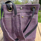 Plum Army Duck Canvas with Antique Brass Hardware and Black Webbing Strap and Natural Canvas interior Spa Creek Bucket Convertible Bag squirescanvascreations.com