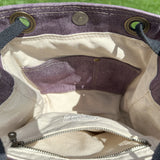 Plum Army Duck Canvas with Antique Brass Hardware and Black Webbing Strap and Natural Canvas interior Spa Creek Bucket Convertible Bag squirescanvascreations.com
