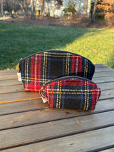 The Seashell Pouch in Stewart Plaid  Harris Tweed® has a curved top and flat base that stands up on its own, lined with natural heavy canvas. Large and Small