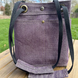 Plum Army Duck Canvas with Antique Brass Hardware and Black Webbing Strap and Natural Canvas interior Spa Creek Bucket Convertible Bag squirescanvascreations.com