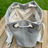 Greystone Stone Washed Canvas with Nickel Hardware and Natural Webbing Strap and Natural Canvas interior Spa Creek Bucket Convertible Bag squirescanvascreations.com