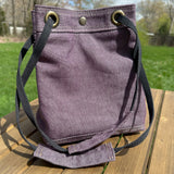 Plum Army Duck Canvas with Antique Brass Hardware and Black Webbing Strap and Natural Canvas interior Spa Creek Bucket Convertible Bag squirescanvascreations.com