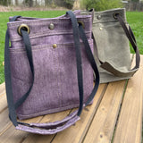 Army Duck and Stone Washed Canvas with Antique Brass Hardware and Webbing Strap and Natural Canvas interior Spa Creek Bucket Convertible Bag squirescanvascreations.com