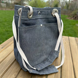 Midnight Army Duck Canvas with Nickel Hardware and Natural Webbing Strap and Natural Canvas interior Spa Creek Bucket Convertible Bag squirescanvascreations.com