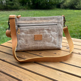 Parish Creek Crossbody Aspen Waxed Linen and Mesquite Brown Oil Tan Leather with Antique Brass Hardware SquiresCanvasCreations.com