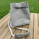 Greystone Stone Washed Canvas with Nickel Hardware and Natural Webbing Strap and Natural Canvas interior Spa Creek Bucket Convertible Bag squirescanvascreations.com