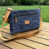 Parish Creek Crossbody Denim Waxed Canvas and Mesquite Brown Oil Tan Leather with Antique Brass Hardware SquiresCanvasCreations.com
