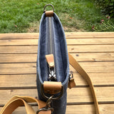Parish Creek Crossbody Denim Waxed Canvas and Mesquite Brown Oil Tan Leather with Antique Brass Hardware SquiresCanvasCreations.com