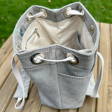 Greystone Stone Washed Canvas with Nickel Hardware and Natural Webbing Strap and Natural Canvas interior Spa Creek Bucket Convertible Bag squirescanvascreations.com