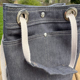 Midnight Army Duck Canvas with Nickel Hardware and Natural Webbing Strap and Natural Canvas interior Spa Creek Bucket Convertible Bag squirescanvascreations.com