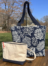 Blue Coral Tote Tidewater Tote with the Dockside Pouch squirescanvasecreations.com
