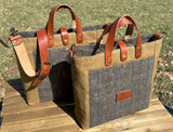 Harris Tweed® Green & Blue Herringbone with Tan Halley Stevensons 18oz Hybrid Waxed Canvas SquiresCanvasCreations.com
