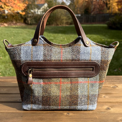 Macleod Tartan Harris Tweed® with Dark Brown Veg Tan Leather and Antique Brass Hardware Mazie Handbag squirescanvascreatons.com 