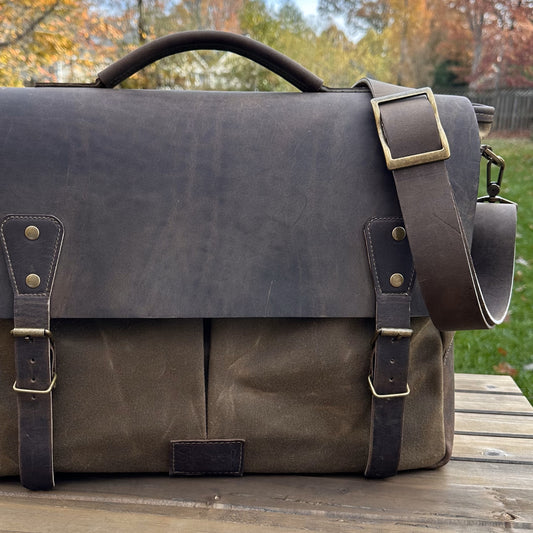 Halley Stevensons Tan Waxed Canvas and Crazy Horse Rattle Brown Leather with Antique Brass Hardware Yeoman Messenger Bag squirescanvascreations.com