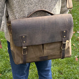 Halley Stevensons Tan Waxed Canvas and Crazy Horse Rattle Brown Leather with Antique Brass Hardware Yeoman Messenger Bag squirescanvascreations.com