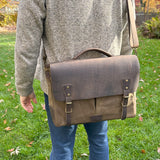 Halley Stevensons Tan Waxed Canvas and Crazy Horse Rattle Brown Leather with Antique Brass Hardware Yeoman Messenger Bag squirescanvascreations.com