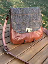 Green Blue Mix Herringbone Harris Tweed® with Brandy Leather and Antique Brass Hardware Shoreline Crossbody SquiresCanvasCreations.com