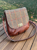 Harris Tweed® Shoreline Crossbody Glen Plaid Harris Tweed® with Brandy Leather and Antique Brass Hardware SquiresCanvasCreations.com