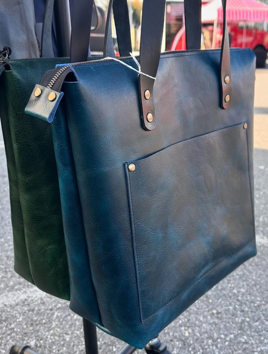 Western Crunch Blue Leather West Street Tote with Black Bridal Leather Handles and Solid Brass Hardware SquiresCanvasCreations.com