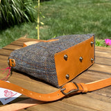 Mazie Handbag Green and Blue Herringbone with Rust Overcheck Harris Tweed® with Biscuit Veg Tan Leather and Antique Brass Hardware SquiresCanvasCreations.com