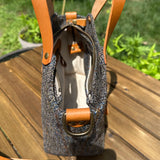 Mazie Handbag Green and Blue Herringbone with Rust Overcheck Harris Tweed® with Biscuit Veg Tan Leather and Antique Brass Hardware SquiresCanvasCreations.com