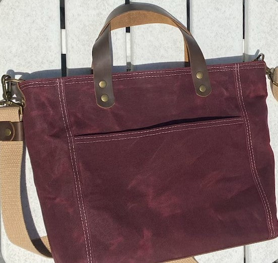 Texas Maroon Waxed Canvas with Antique Brass Hardware Oxford Tote  SquiresCanvasCreations