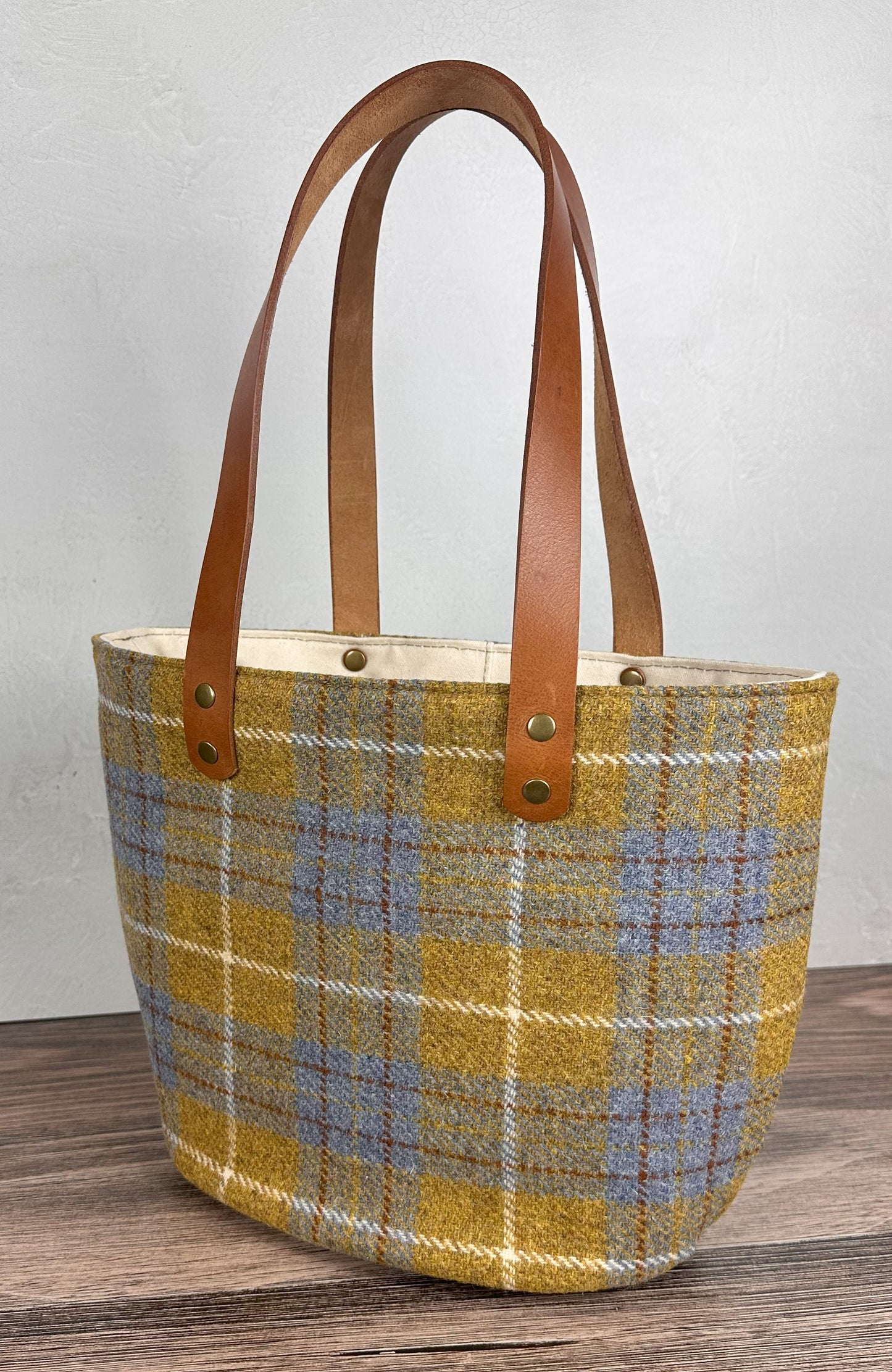 Yellow and Blue Plaid Harris Tweed® with Cognac Splenda Leather and Antique Brass Hardware SquiresCanvasCreations.com