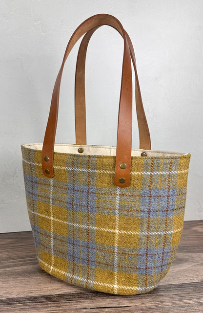 Yellow and Blue Plaid Harris Tweed® with Cognac Splenda Leather and Antique Brass Hardware SquiresCanvasCreations.com