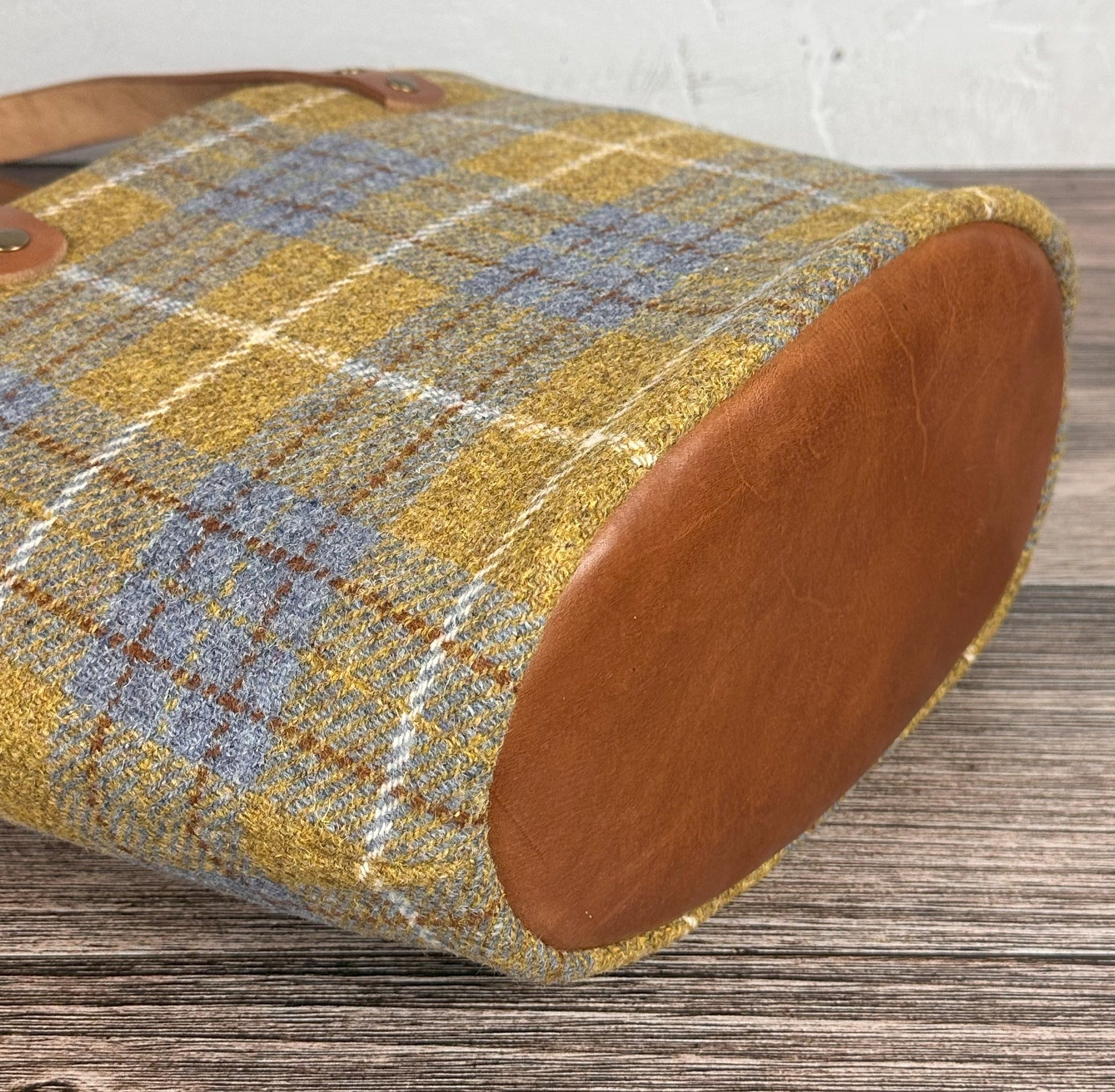 Yellow and Blue Plaid Harris Tweed® with Cognac Splenda Leather and Antique Brass Hardware SquiresCanvasCreations.com