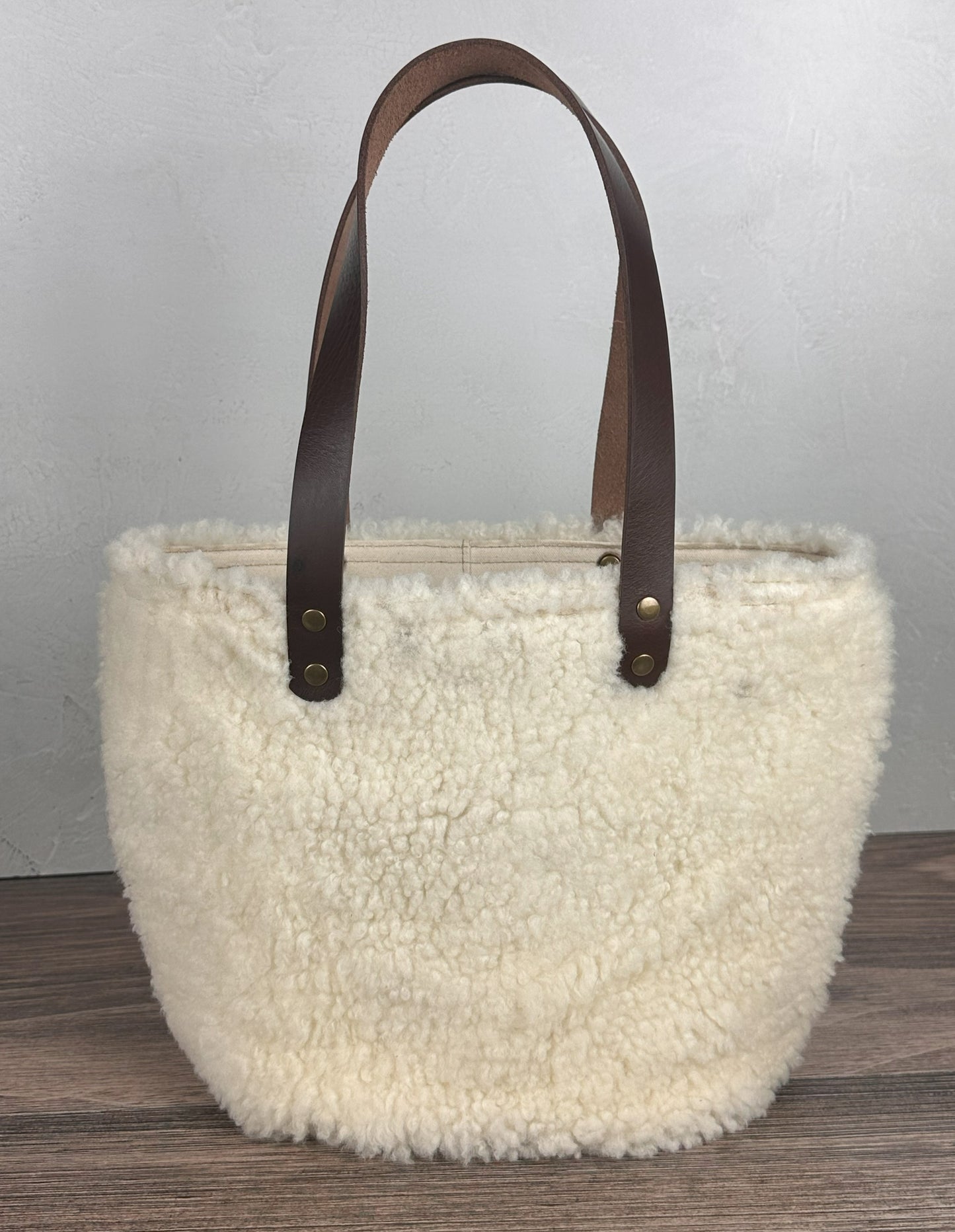 Parker Creek Tote Sheep Shearling with 15oz Natural Canvas with Cognac Splenda Leather and Antique Brass Hardware SquiresCanvasCreations.com