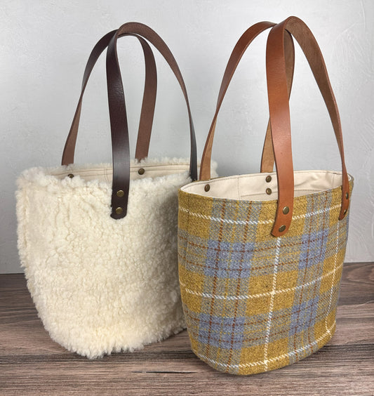 Parker Creek Tote Sheep Shearling  and Yellow with Blue Plaid Harris Tweed with 15oz Natural Canvas with Cognac Splenda Leather and Antique Brass Hardware SquiresCanvasCreations.com