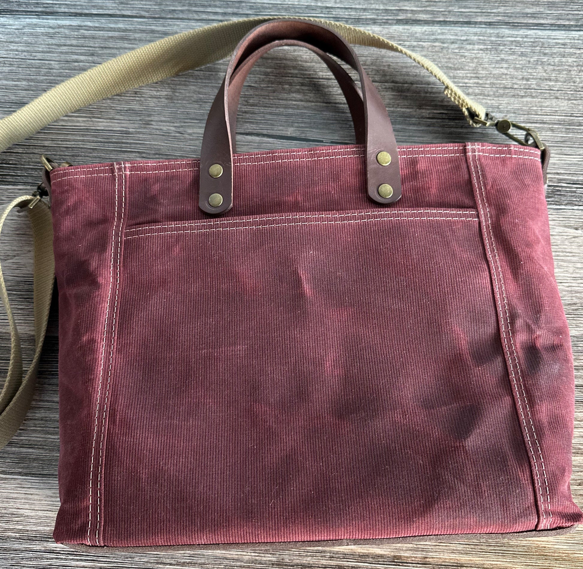 Texas Maroon Waxed Canvas with Antique Brass Hardware Oxford Tote squirescanvascreations