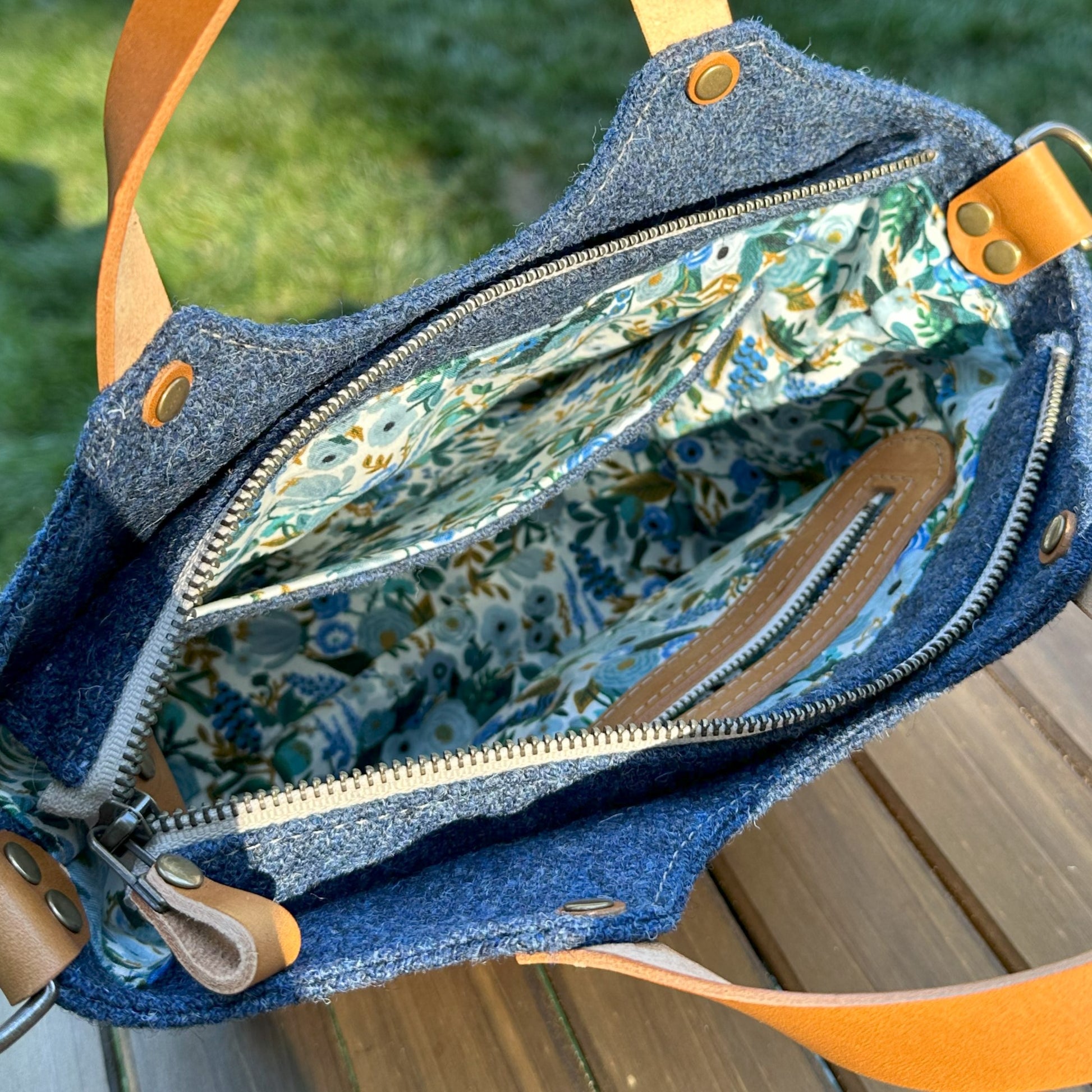 Mid Blue Twill with South Street Wheat Leather and Antique Brass Hardware and Antique Brass Hardware Mazie Handbag squirescanvascreatons.com