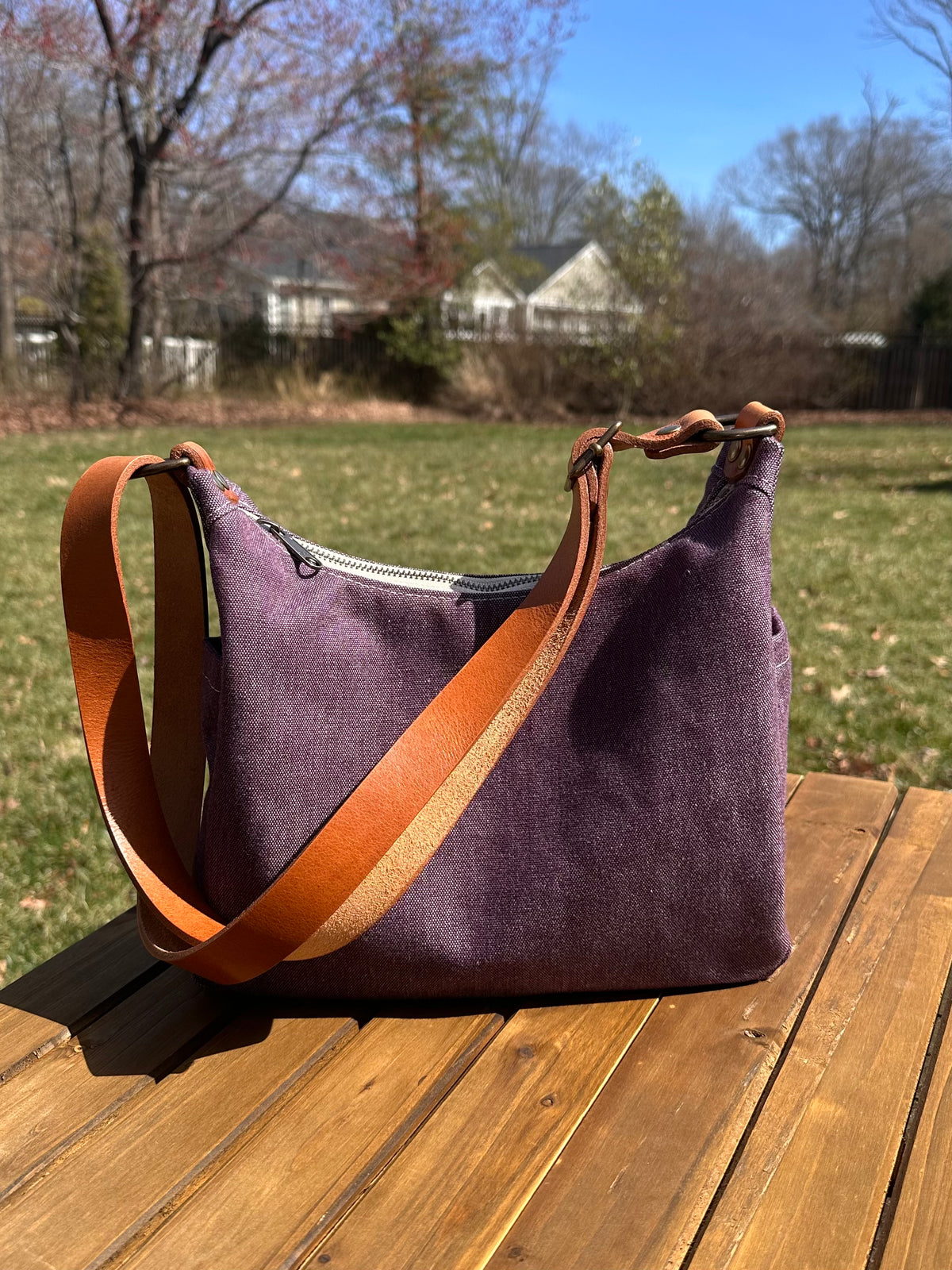 South Creek Hobo bag Plum Army Duck Canvas with Cognac Leather Strap