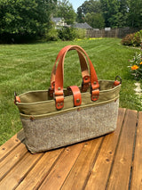 St. Andrews Harris Tweed® Tote, highlighting the Green Blue Barleycorn Harris Tweed® and leather base. Made in MD